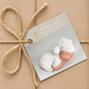 Modern Taupe Script Photo Baptisme Bedankjes Labels