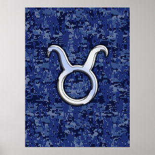 Modern Taurus Zodiac Sign Navy Blue Digital Camo Poster