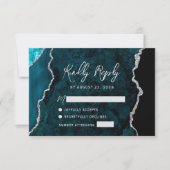 Modern Teal Blue Agate Silver Script Wedding RSVP Kaartje (Voorkant)