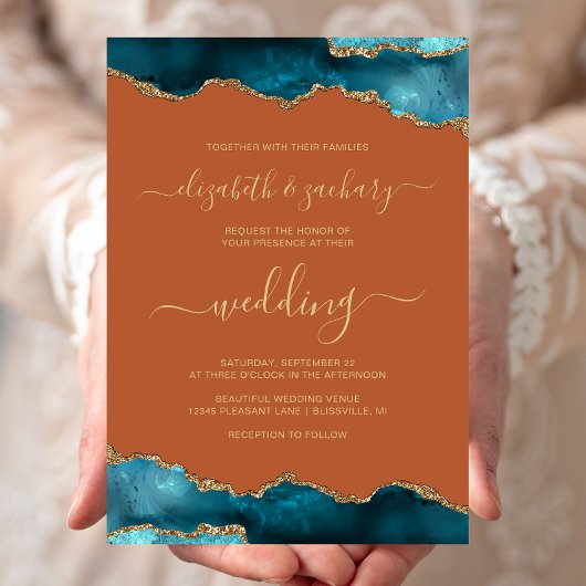 Modern Teal Gold Agate Script Burnt Orange Wedding Kaart
