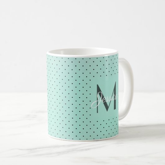 Modern Teal Polka Dot and Monogram Koffiemok (Voorkant rechts)