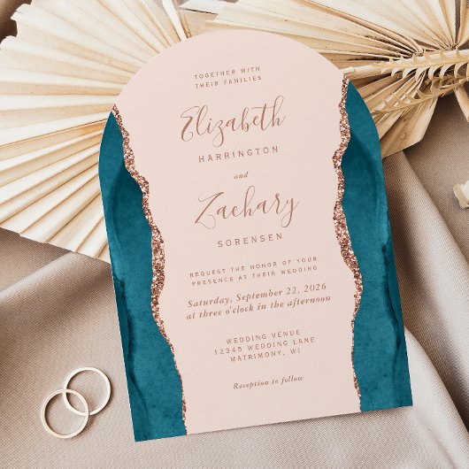 Modern Teal Rose Gold Agate Blush Arch Wedding Kaart