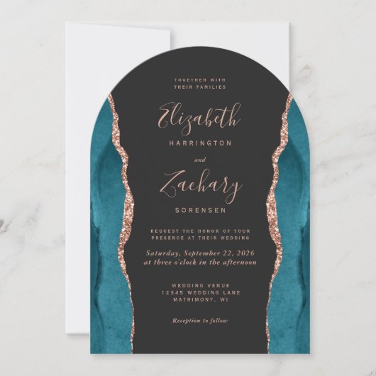 Modern Teal Rose Gold Agate Dark Arch Wedding Kaart (Voorkant)