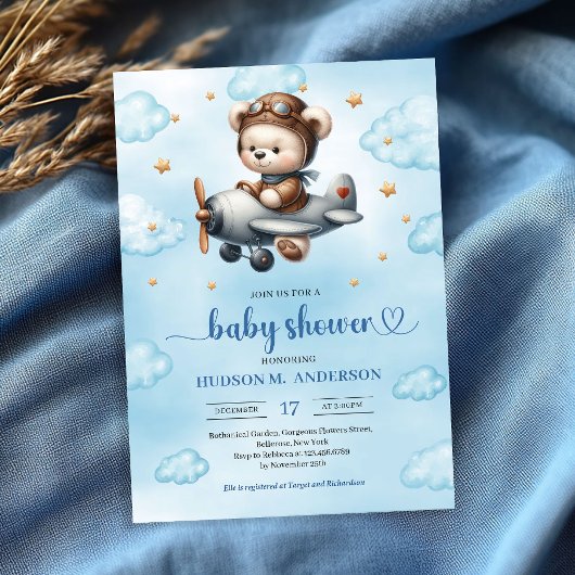 Modern Teddy Bear Pilot Blue Brown Boy Shower Kaart