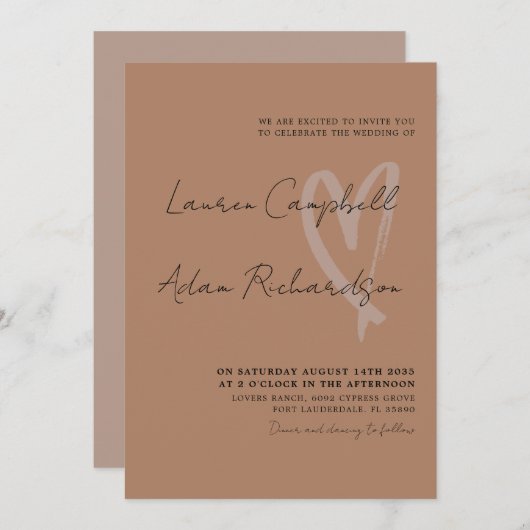 Modern Terracotta & Black Heart Wedding Invitation Kaart (Voorkant / Achterkant)
