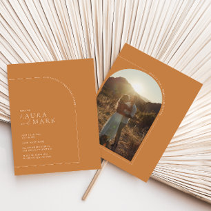 Modern Terracotta Boho Arch Photo Rehearsal Dinner Kaart
