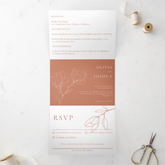 Modern Terracotta Boho Floral Drieluik Uitnodiging (Binnen)