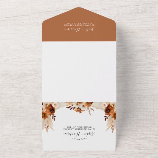 Modern Terracotta Boho Pampas Grass Wedding All In One Uitnodiging (Buitenkant)