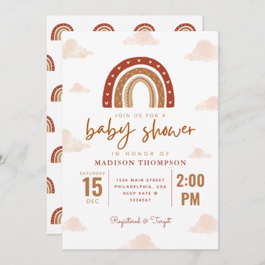 Modern Terracotta Boho Rainbow Clouds Baby shower Kaart (Voorkant / Achterkant)