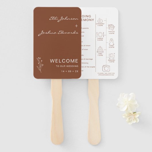 Modern Terracotta Boho Wedding Programme set of Fa Handwaaier (Voorkant en achterkant)