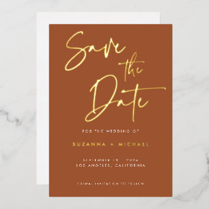 Modern Terracotta Calligraphy Wedding Save Date Folie Uitnodiging