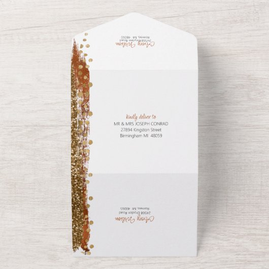 Modern Terracotta Coppery Gold Sparkle Bruiloft All In One Uitnodiging (Buitenkant)