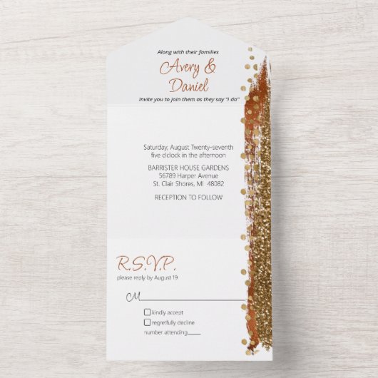 Modern Terracotta Coppery Gold Sparkle Bruiloft All In One Uitnodiging (Binnen)