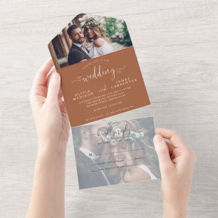 Modern Terracotta Elegant Script 2 Photo Wedding All In One Uitnodiging
