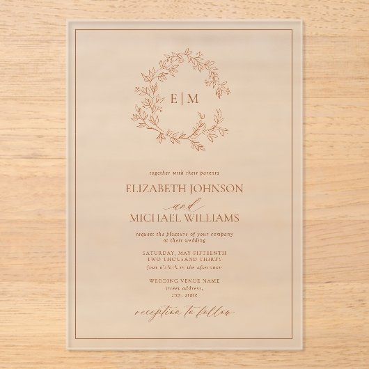 Modern Terracotta Leafy Crest Monogram Weddenschap Acryl Uitnodigingen (Voorkant)