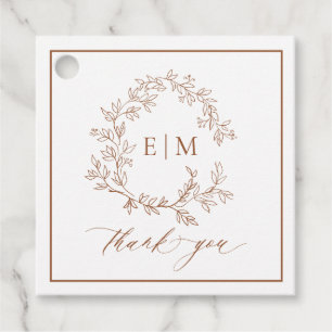 Modern Terracotta Leafy Crest Monogram Weddenschap Bedankjes Labels