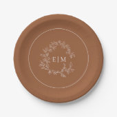 Modern Terracotta Leafy Crest Monogram Weddenschap Papieren Bordje (Voorkant)
