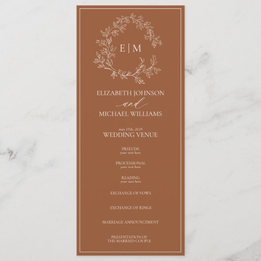 Modern Terracotta Leafy Crest Monogram Weddenschap Programma (Voorkant)