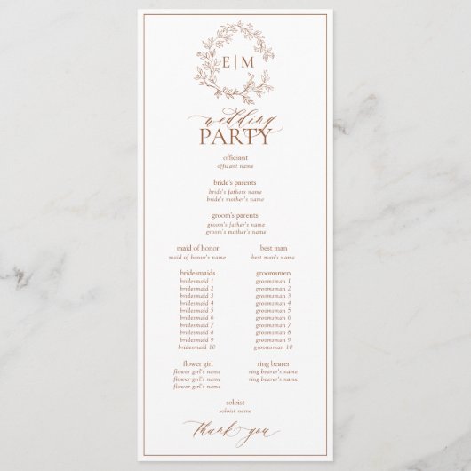 Modern Terracotta Leafy Crest Monogram Weddenschap Programma (Achterkant)