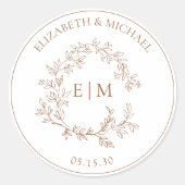 Modern Terracotta Leafy Crest Monogram Weddenschap Ronde Sticker (Voorkant)