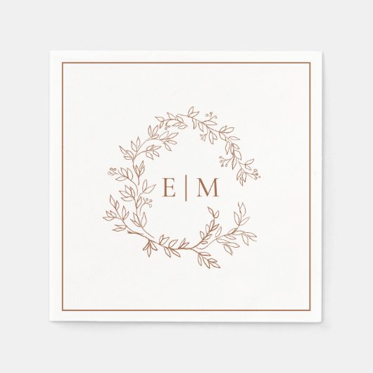 Modern Terracotta Leafy Crest Monogram Weddenschap Servet (Voorkant)