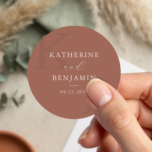 Modern Terracotta Monogram Minimalist Wedding Ronde Sticker