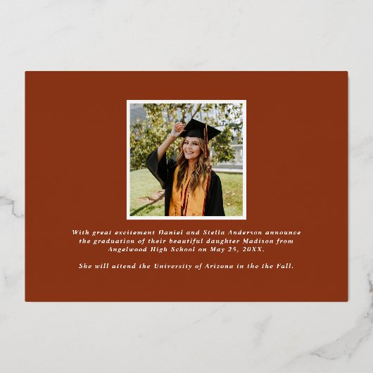 Modern Terracotta Script Afstuderen Foto Afstudere Folie Uitnodiging (Achterkant)