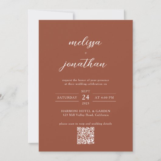 Modern Terracotta Script Foto QR code Bruiloft Kaart (Voorkant)