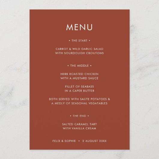 Modern Terracotta | Verbrandd Oranje oproerweddens Menu (Voorkant)
