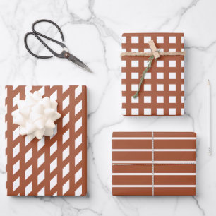 Modern terracotta witte strepen geruit rasterpatro inpakpapier vel