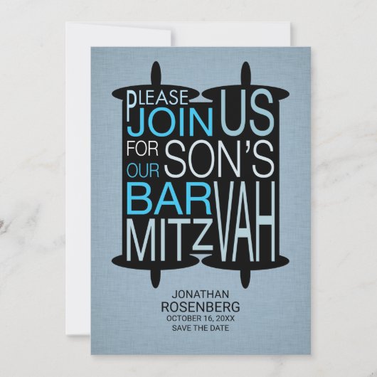 Modern Torah Bar Mitzvah Save the Date Gray Blue (Voorkant)