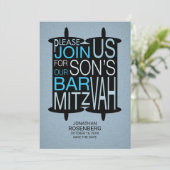 Modern Torah Bar Mitzvah Save the Date Gray Blue (Staand voorkant)