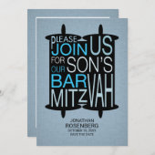 Modern Torah Bar Mitzvah Save the Date Gray Blue (Voorkant / Achterkant)