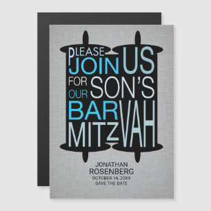 Modern Torah Bar Mitzvah Save the Date Gray Blue Magnetische Uitnodiging