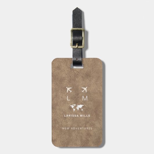 Modern Traveller Monogram Bruin Leder Bagagelabel (Voorkant verticaal)