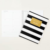Modern Trendy Black White Stripe Custom Name Planner (Display)