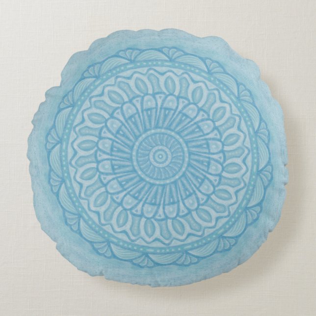 Modern trendy blauw en turquoise boho design rond kussen (Voorkant)