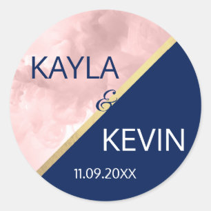 Modern Trendy Blush Pink Navy Blue Gold Wedding Ronde Sticker