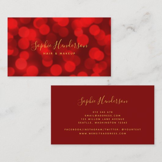 Modern Trendy Calligraphy Ruby Red Bokeh Lights Visitekaartje (Voorkant / Achterkant)