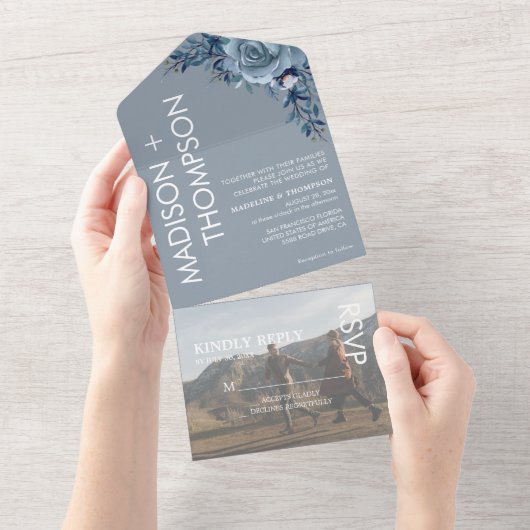 Modern Trendy Dusty Blue Photo Weddenschap All-in- All In One Uitnodiging (Afscheurbaar)