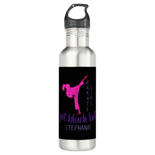 Modern Trendy Girly Black Pink Karate Silhouette Waterfles (Voorkant)