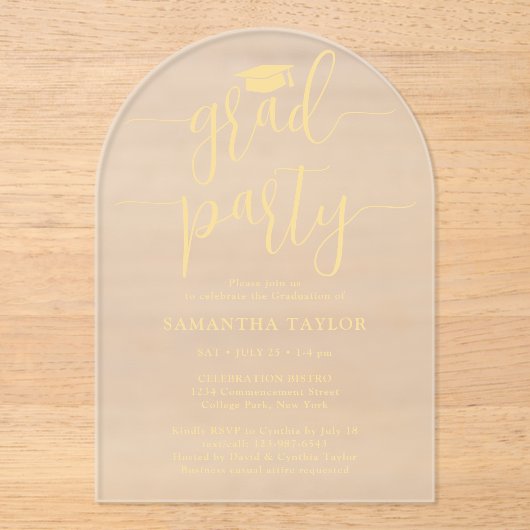 Modern Trendy Gold Script Afstudeerder Party Doors Acryl Uitnodigingen (Voorkant)