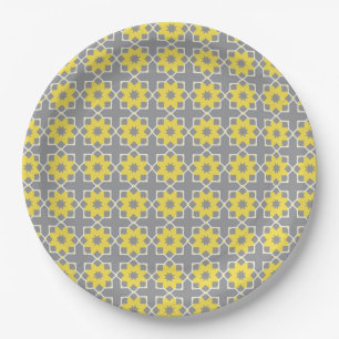 Modern Trendy Grey and Yellow Flowers Papieren Bordje