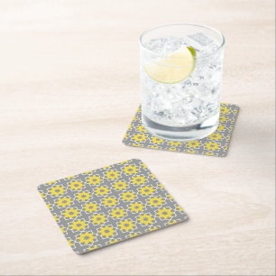 Modern Trendy Grey and Yellow Flowers Vierkante Kartonnen Onderzetter
