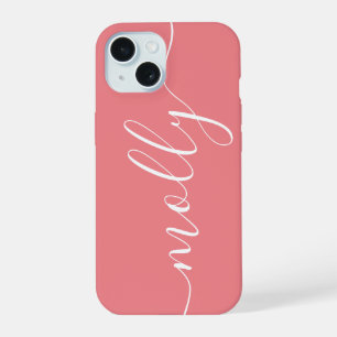 Modern trendy koraal roze kalligrafie scriptnaam iPhone 15 hoesje
