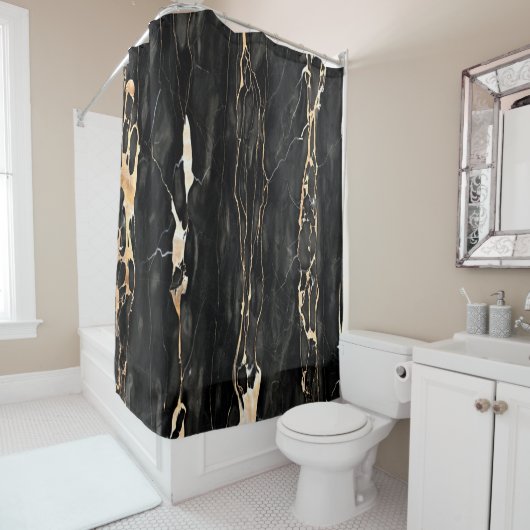 Modern Trendy Marble Pattern in Black Gold Grey Douchegordijn (In situ)