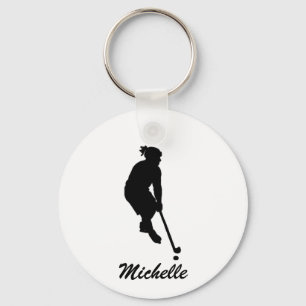 Modern trendy meisje spelen ijshockey gepersonalis sleutelhanger