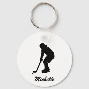 Modern trendy meisje spelen ijshockey gepersonalis sleutelhanger
