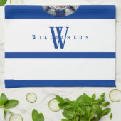 Modern Trendy Monogrammed Nautical Blue and White Theedoek (Gevouwen)