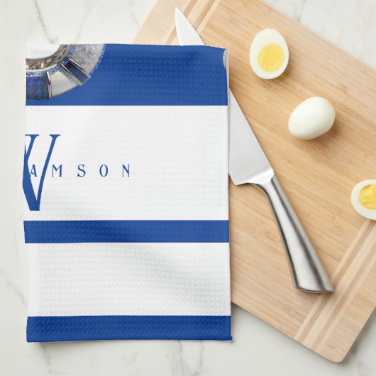 Modern Trendy Monogrammed Nautical Blue and White Theedoek (Quarter Fold)